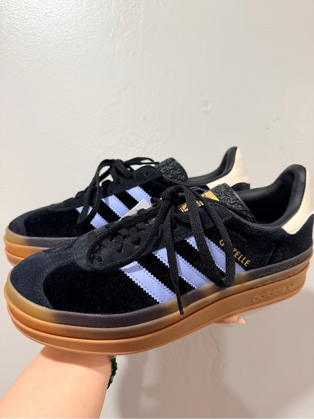Adidas Gazelle Platform Sneakers - Black with Light Blue Stripes & Gum Sole